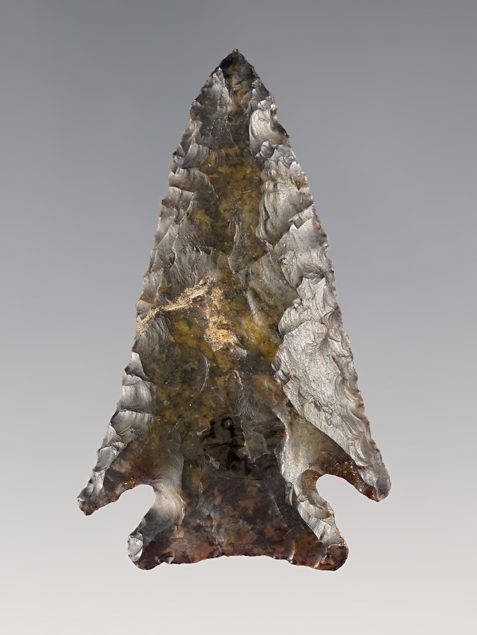 Excellent flaking and style on this 2 1/8" Archaic Cornernotch made from Coshocton Flint. 