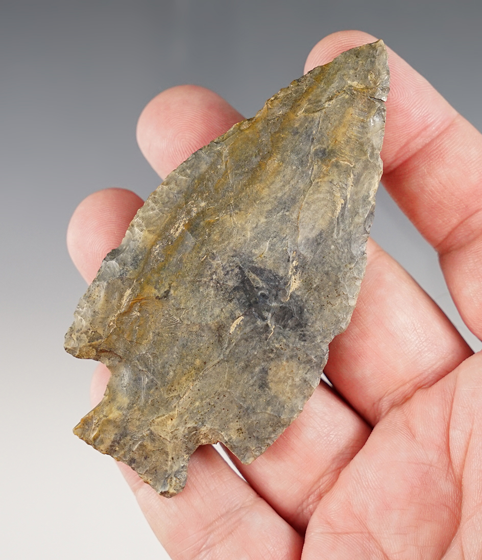 3 5/8" heavily patinated Coshocton Flint Knife that is broken and glued tight near the tip.