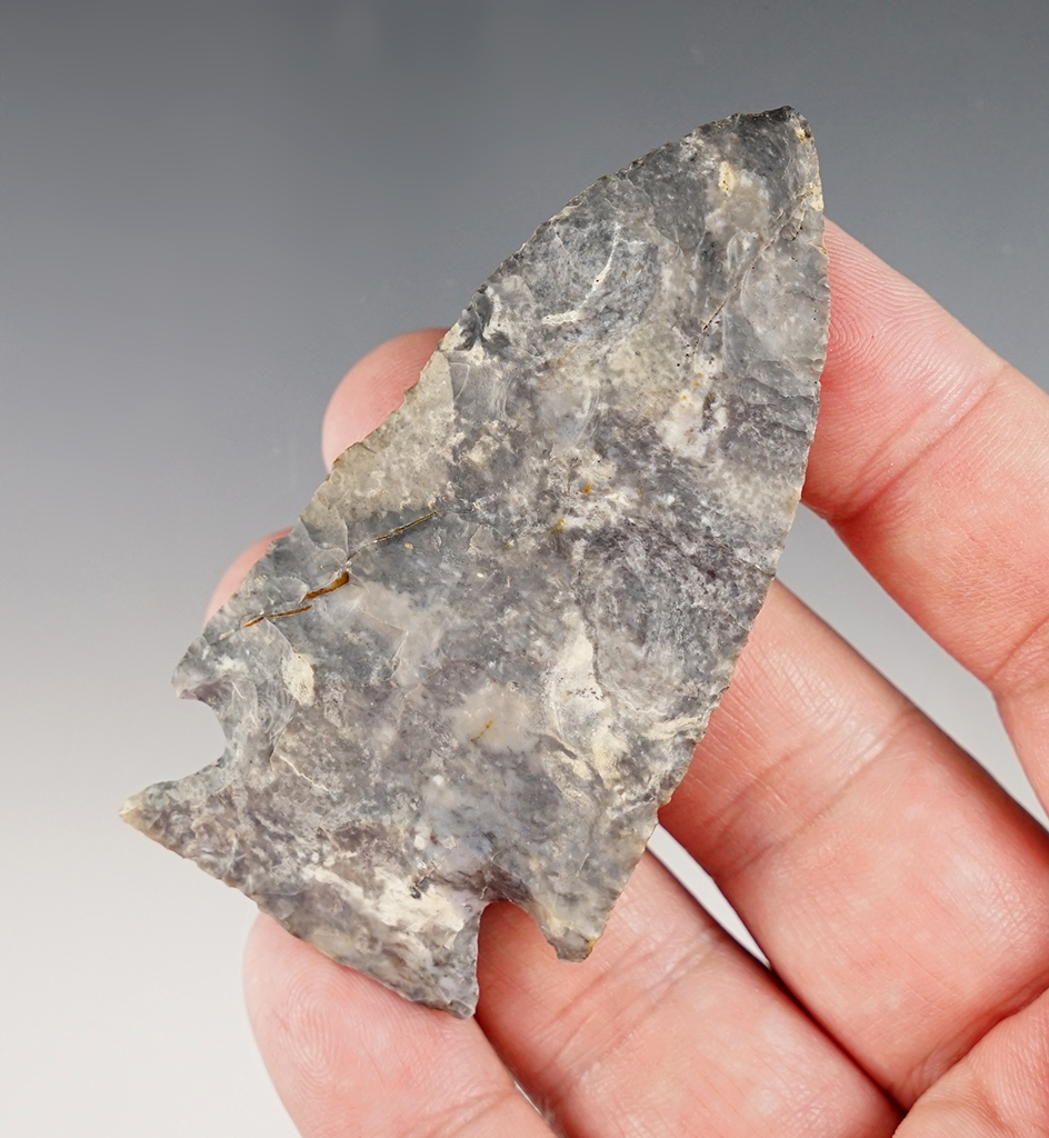 3 1/16" Intrusive Mound Knife made from mottled Coshocton Flint. Found in Logan Co., Ohio. 