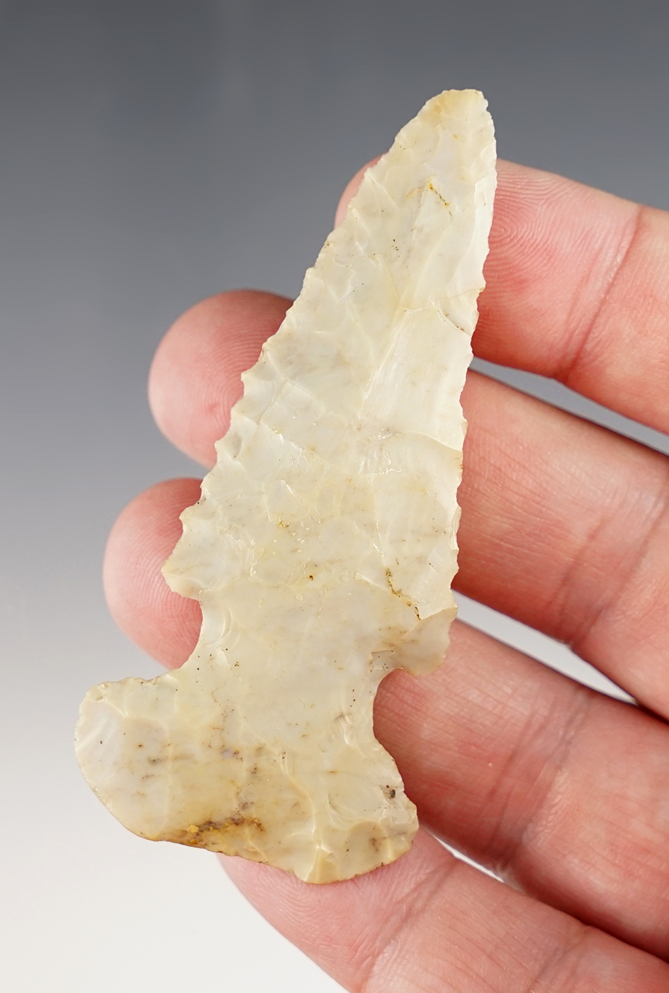3 1/8" Flint Ridge Flint Archaic Thebes Bevel with a nice wide base found in Hardin Co., Ohio.