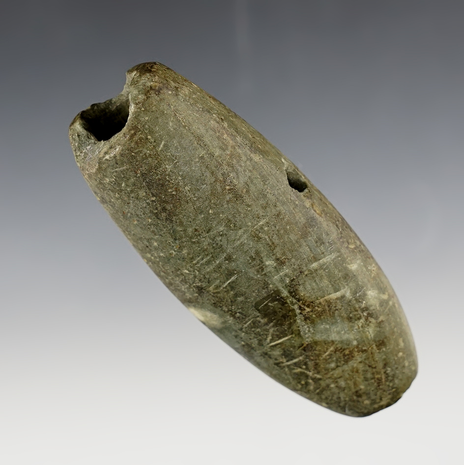 3 3/4" long Tube Bannerstone with an additional hole drilled into one side. Miami Co., Ohio. 