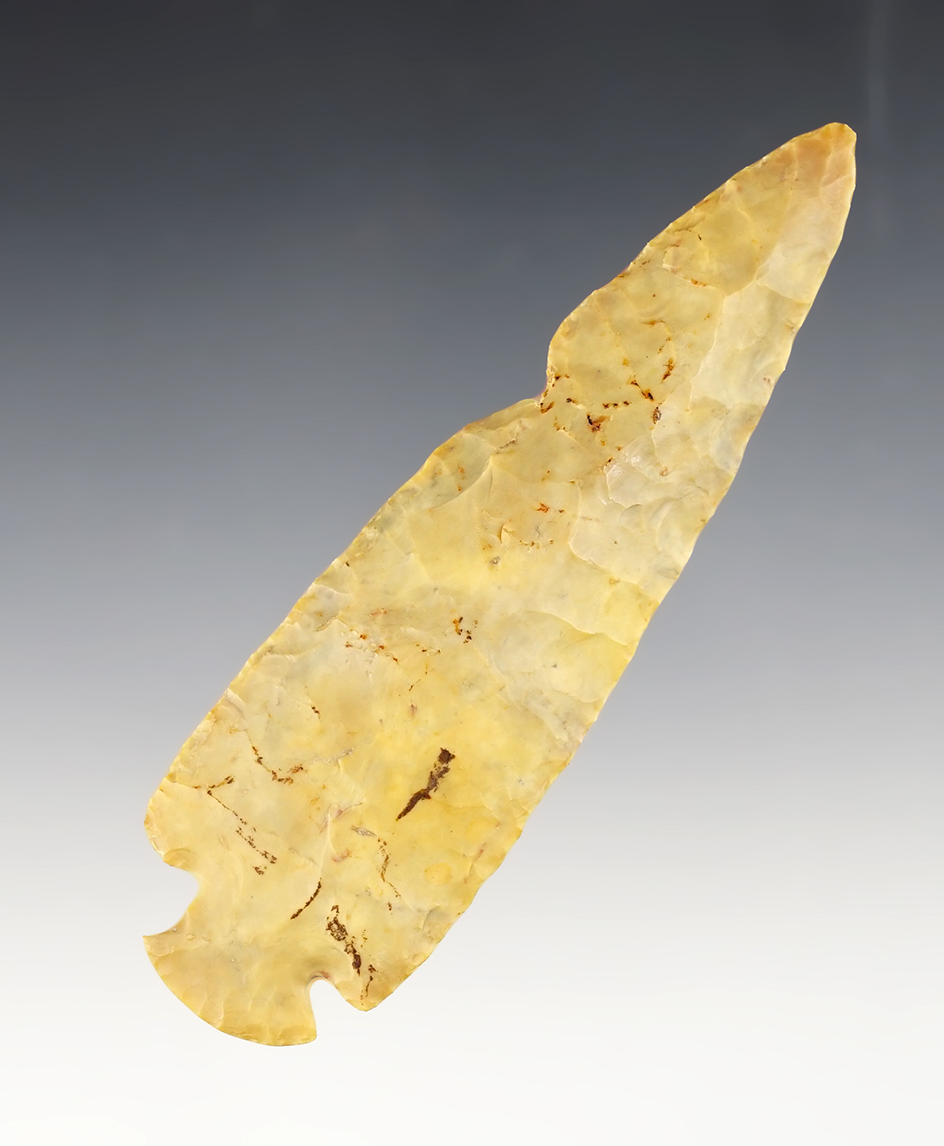 Heavily patinated Flint Ridge Dovetail that measures 4 7/16". Found in Lorain Co., Ohio.