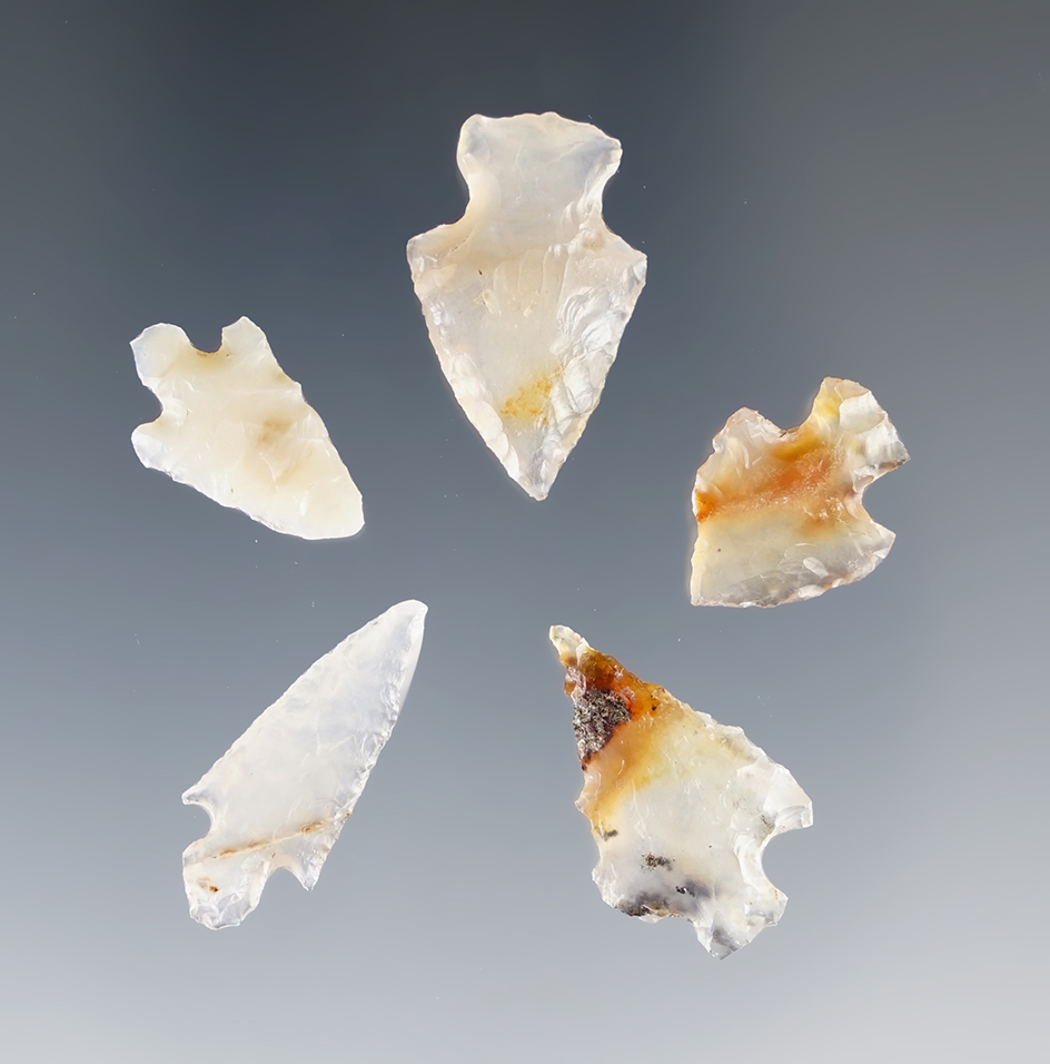 Set of 5 Assorted Arrowheads made from beautiful semi-translucent Agate. Largest is 13/16".