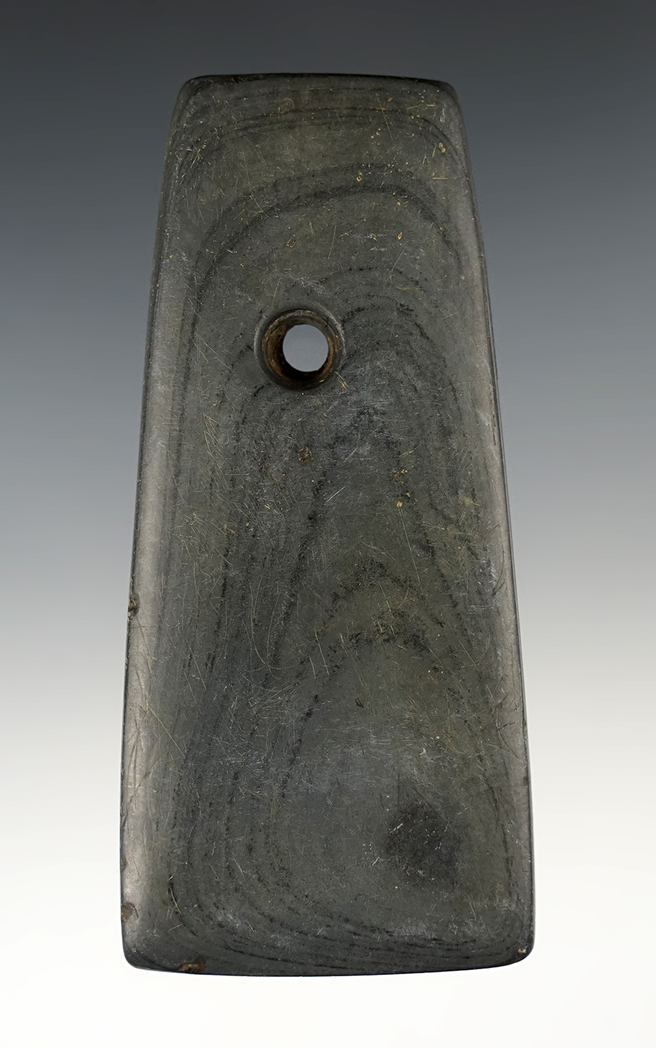 4 1/4" Adena Trapezoidal Pendant made from Banded Slate. Found in Summit Co., Ohio.