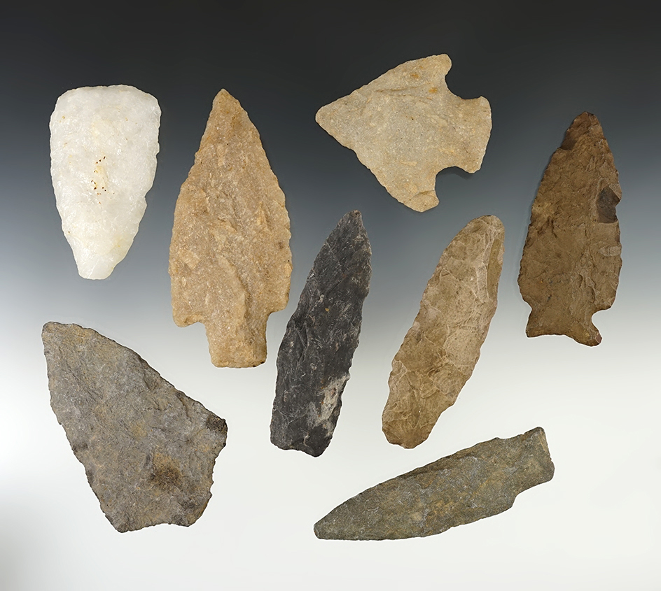 Set of 8 medium to large sized points found the Northeastern U.S. Most are made from Quartzite.