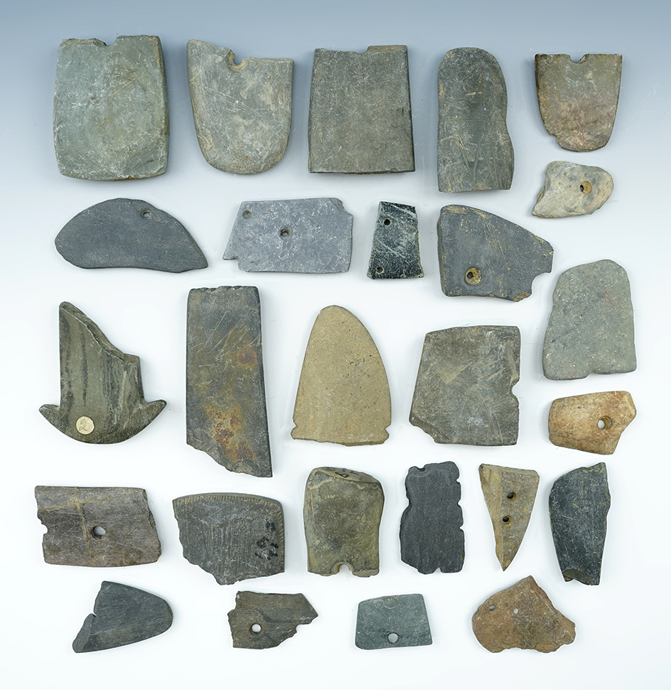 Large group of 26 assorted damaged Slate artifacts for study.