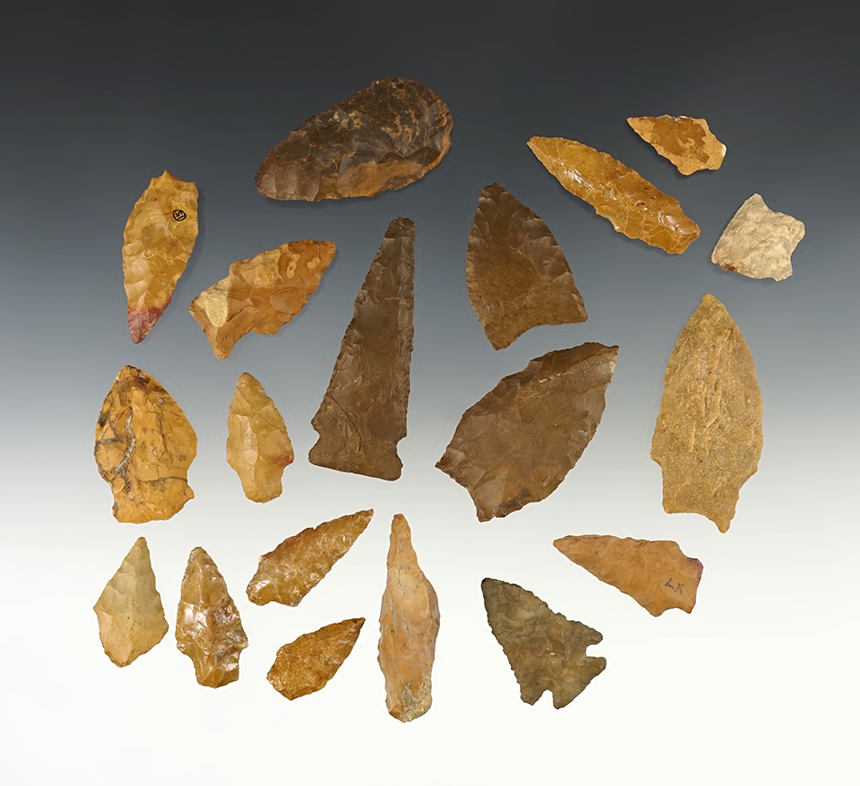 Set of 19 points found in the Eastern U.S. Many are made from Jasper. The largest is 2 1/2".