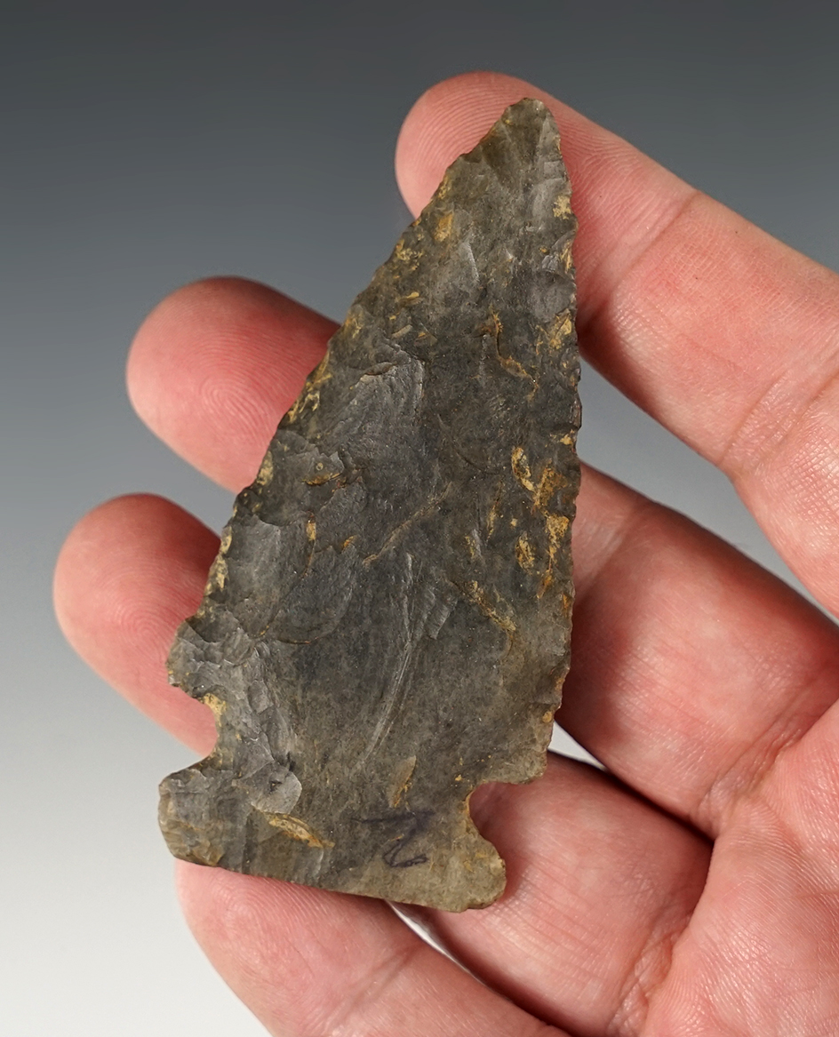 3 1/8" Archaic Corner Notch found in the Midwestern U.S. Well made with a heavily ground base.