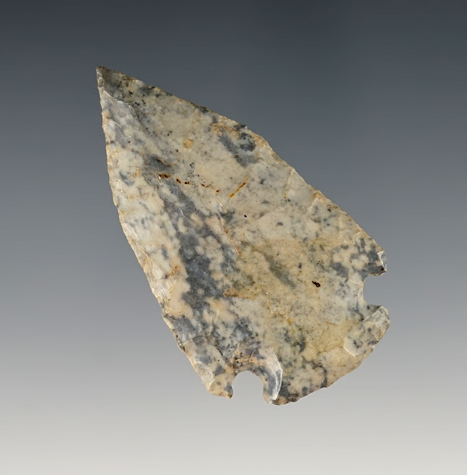2 1/16" Fine and thin Pentagonal Point made from beautiful mottled blue and white Coshocton Flint.