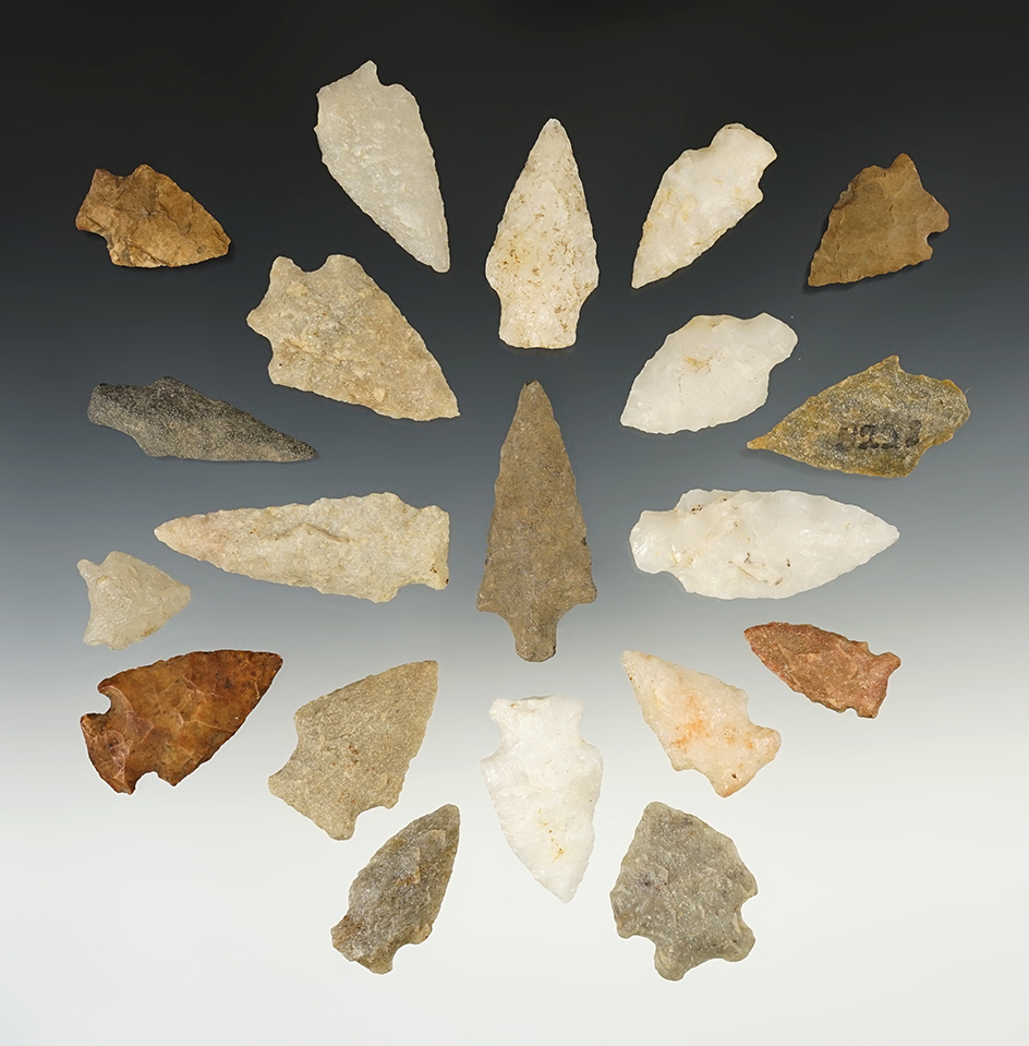 Set of 20 points found in the Eastern U.S. Most are made from Quartzite. The largest is 2 1/2".
