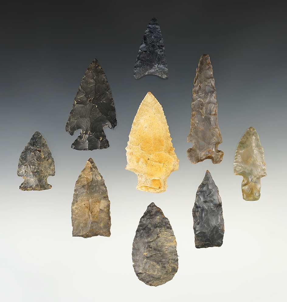 Set of 9 Assorted Arrowheads, largest is 2 15/16".