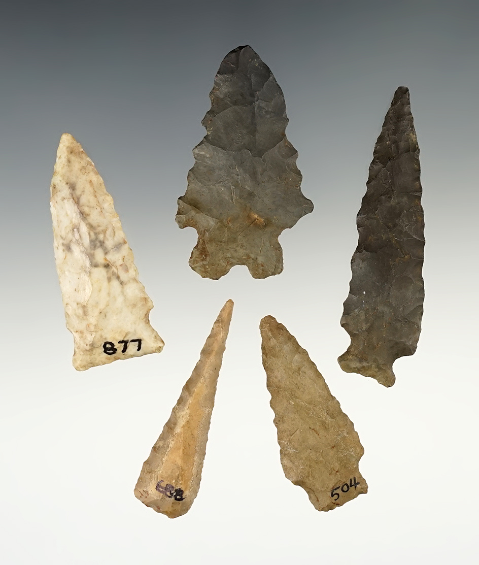 Set of 5 nice points found in the Midwestern U.S. The largest is 2 3/4".