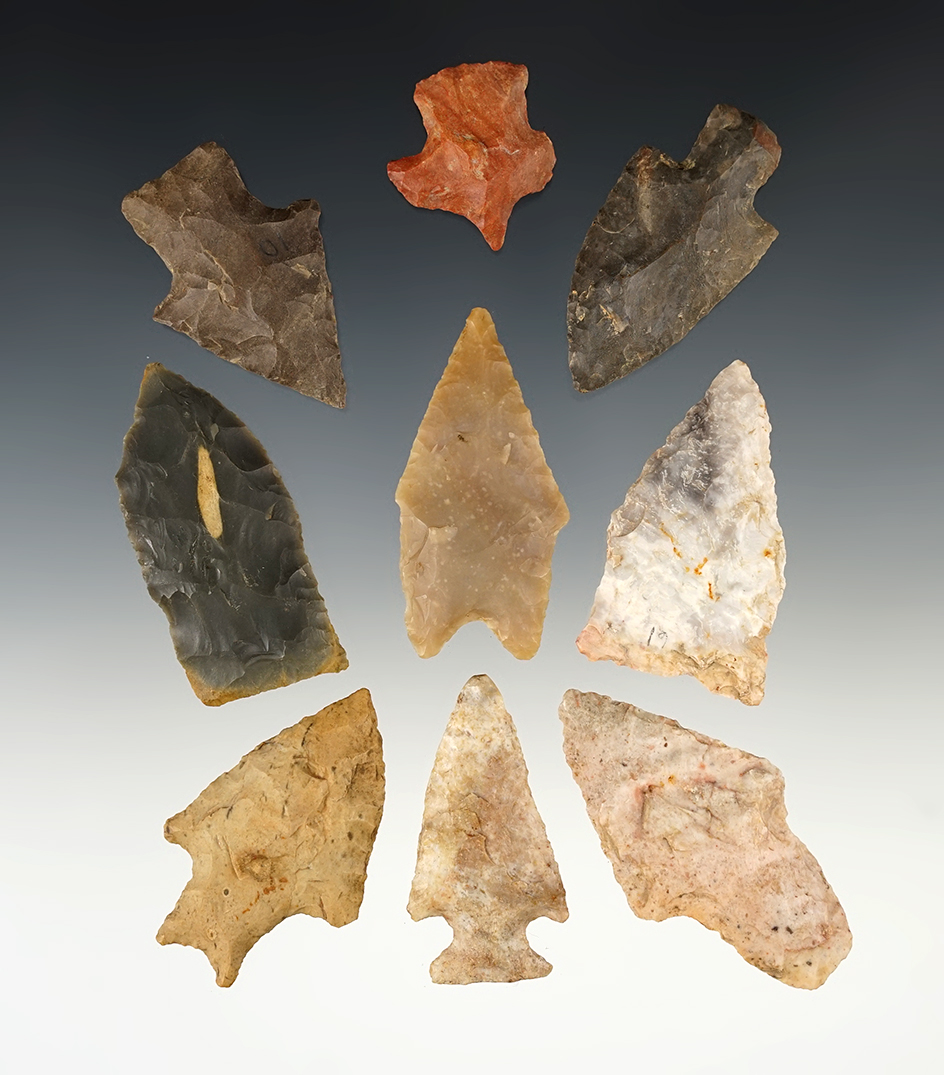 Set of 9 nice points from various locations across the U.S. The largest is 2 3/8".