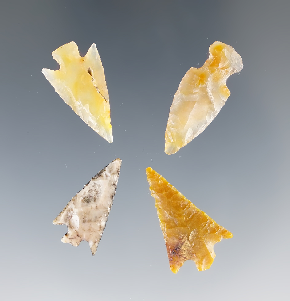 Set of 4 nice assorted Columbia River Arrowheads, largest is 15/16".
