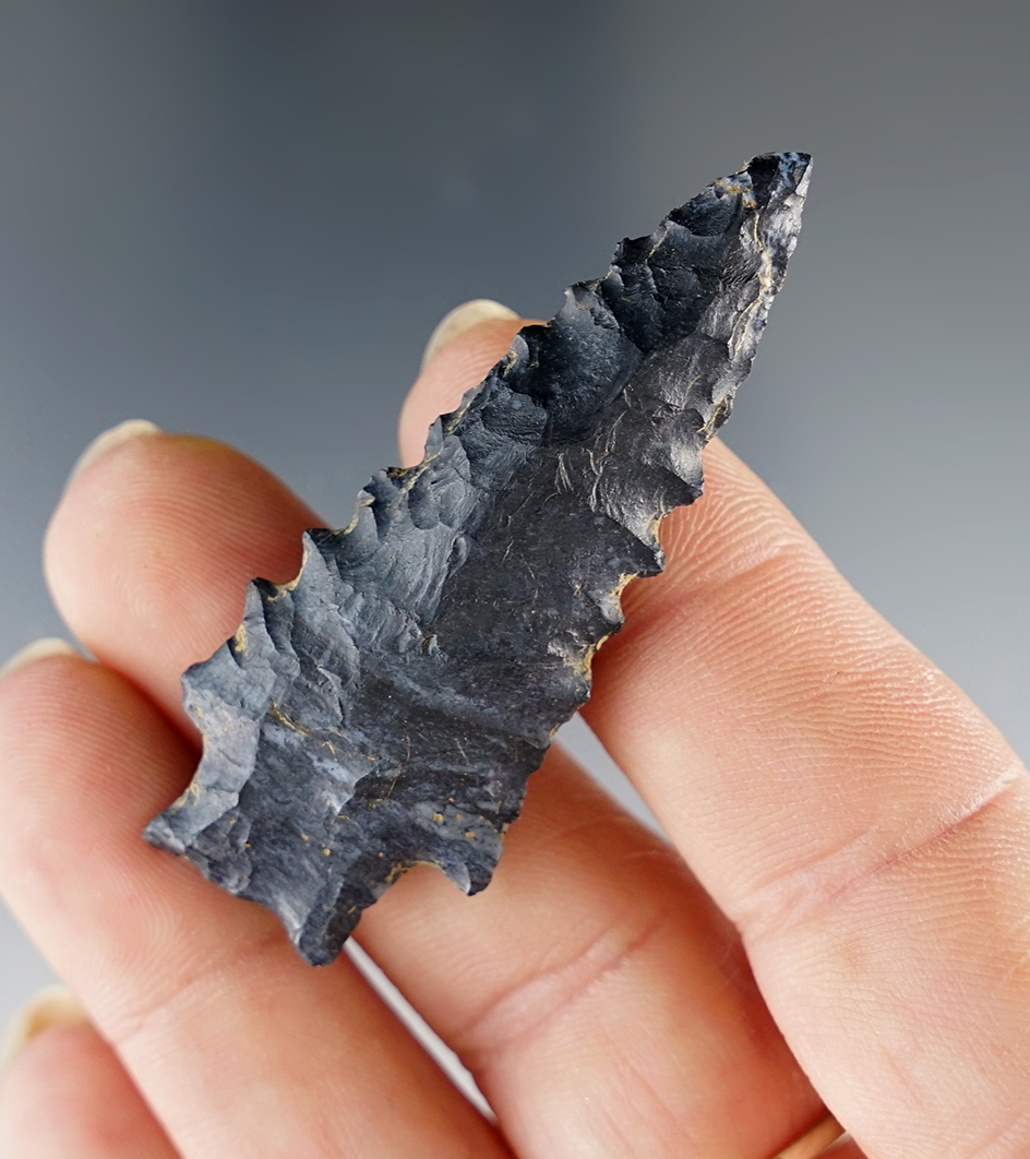 2 1/8" Transitional Paleo made from Coshocton Flint. Found in Richland Co., Ohio. Bennett COA.