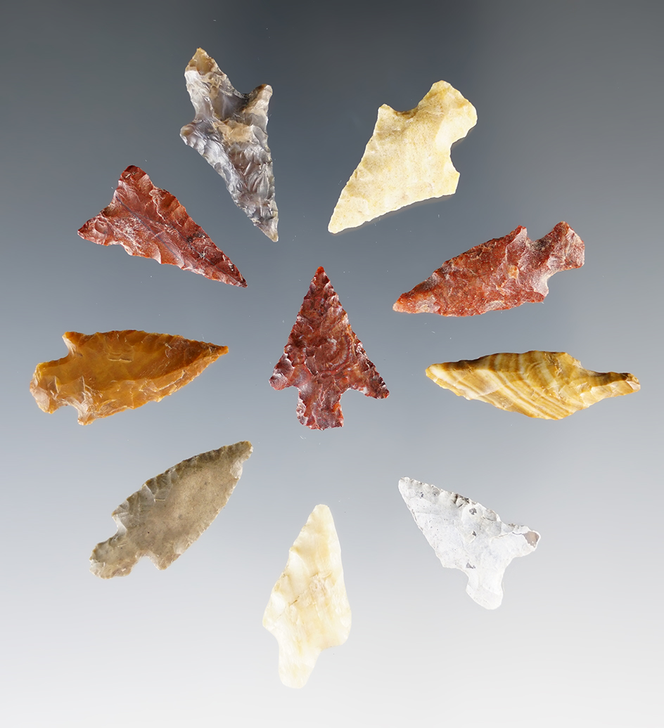 Set of 10 Assorted Columbia River Arrowheads, largest is 15/16".