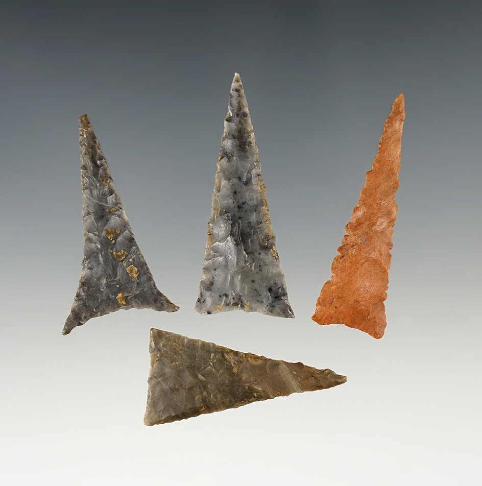 Set of four exceptional Mississippian Triangle Points found in Kentucky. Largest is 1 5/8".