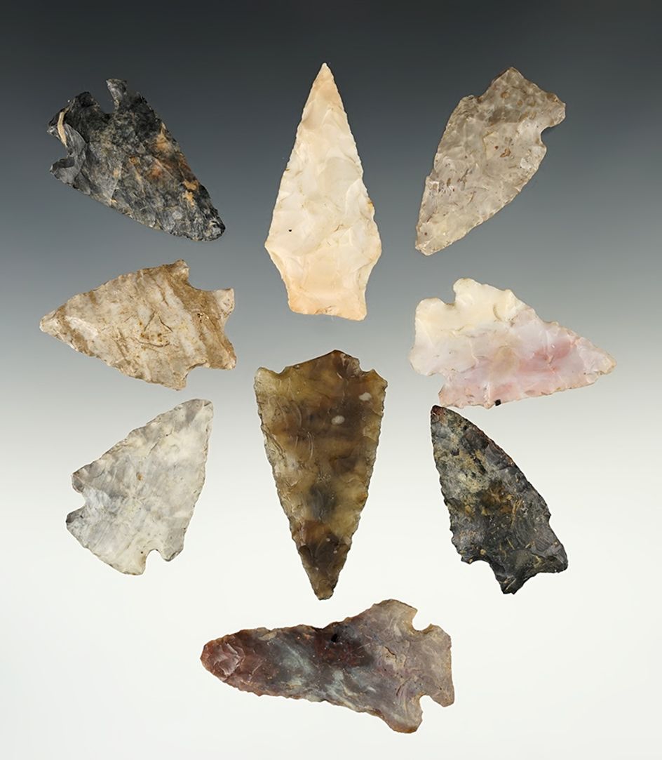 Set of 9 Assorted Arrowheads - 8 found in Ohio and 1 found in Missouri. Largest is 2 1/4".