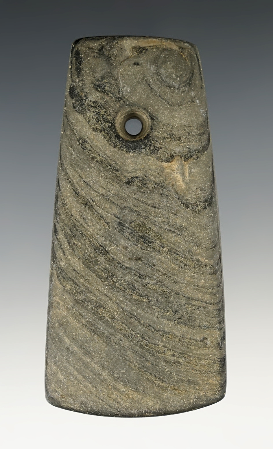 3 5/8" Adena Trapezoidal. Found in Wood Co., Ohio. Ex. Henry Daniels, Mike Kiel Collections.