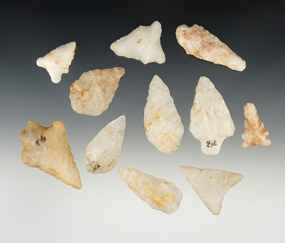Set of 11 Southeastern U.S. Quartz points that are nicely patinated. The largest is 2 1/8".