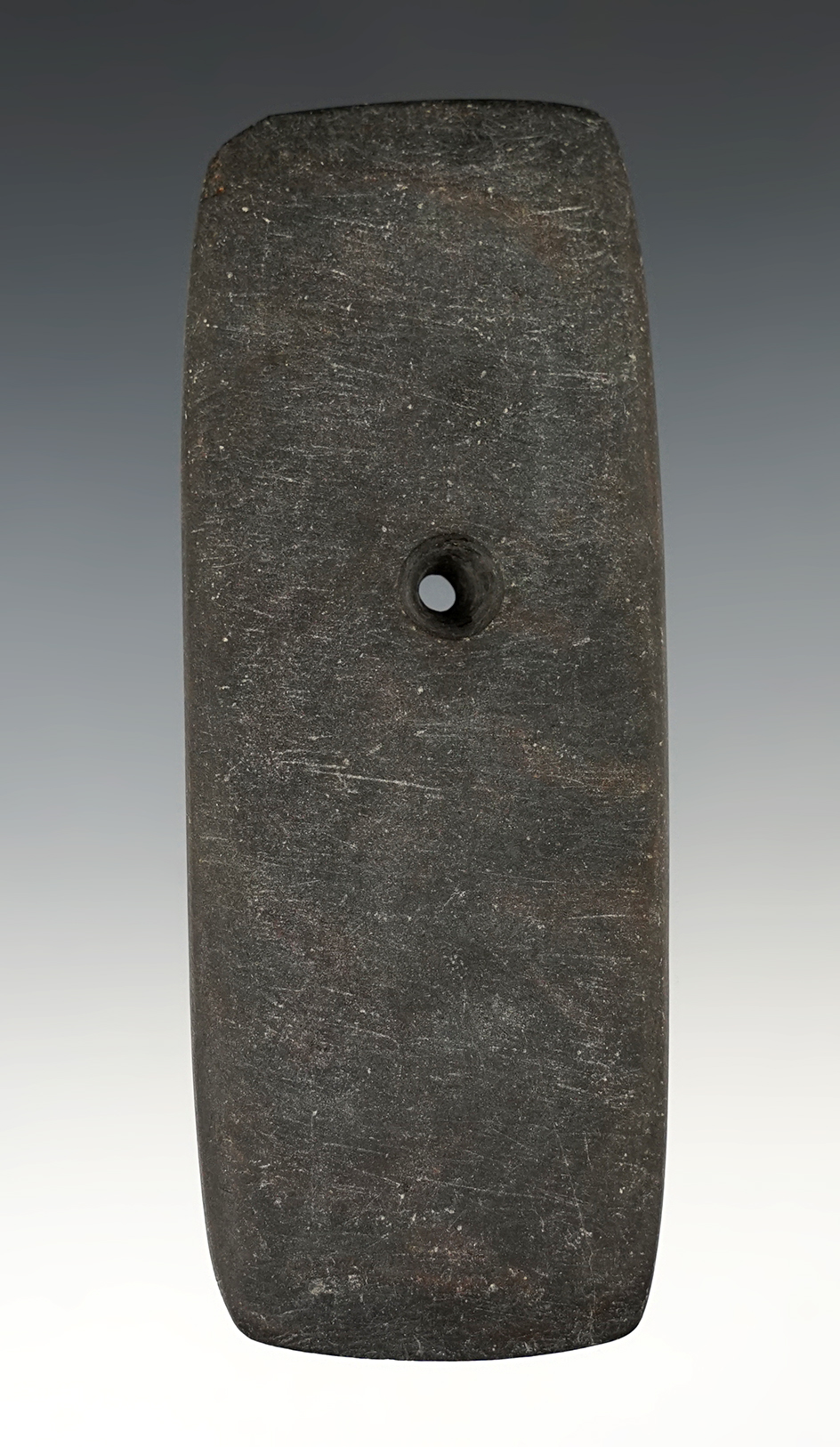 4 1/2" Adena Rectangular Pendant made from black and brown Mottled Slate. Found in Ohio.