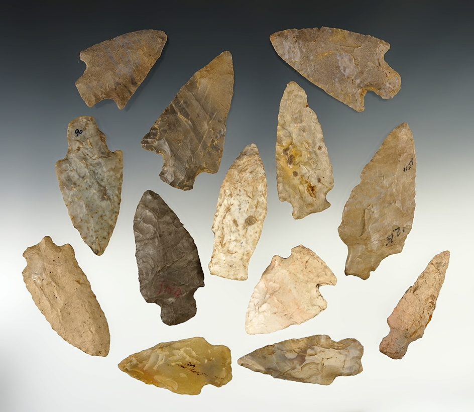 Set of 13 points found in the Midwestern U.S. in good condition. The largest is 3 1/8".