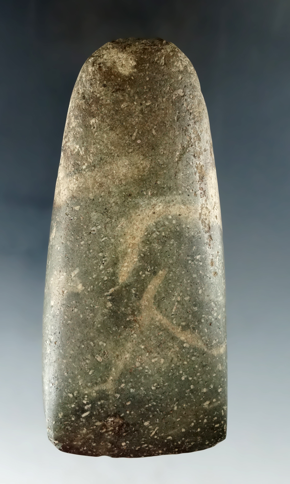 Good polish and material on this 4 3/4" Celt found in Crawford Co., Ohio. Ex. Jack Hooks.