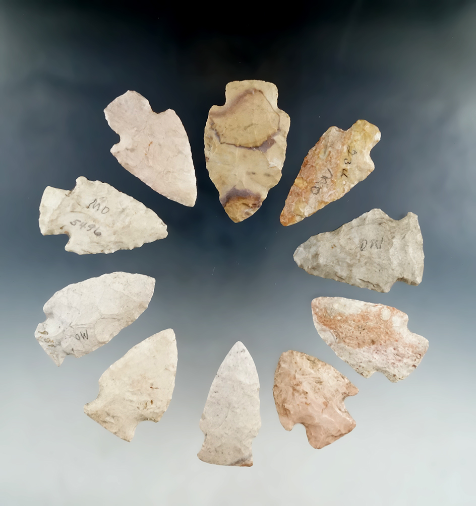 Set of 10 assorted points and knives found in Missouri, largest is 2 3/8".