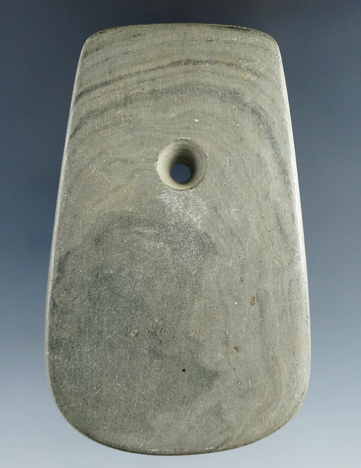3 3/8" Adena Trapezoidal Pendant made from green and black mottled slate, found in Ohio.