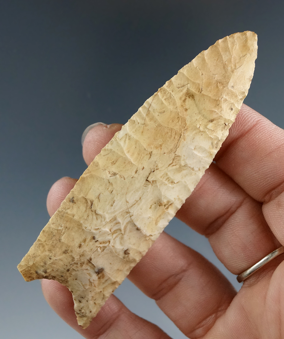 3 3/8" Plainview found in Pike Co., Illinois - nicely patinated Burlington Flint - excellent flaking