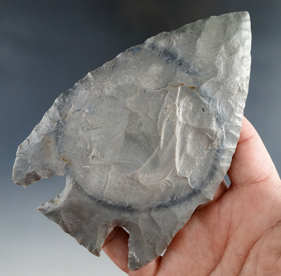 Huge! 5" Hornstone Hopewell with a large bull's-eye in material. Restoration to 1 1/4" of tip.