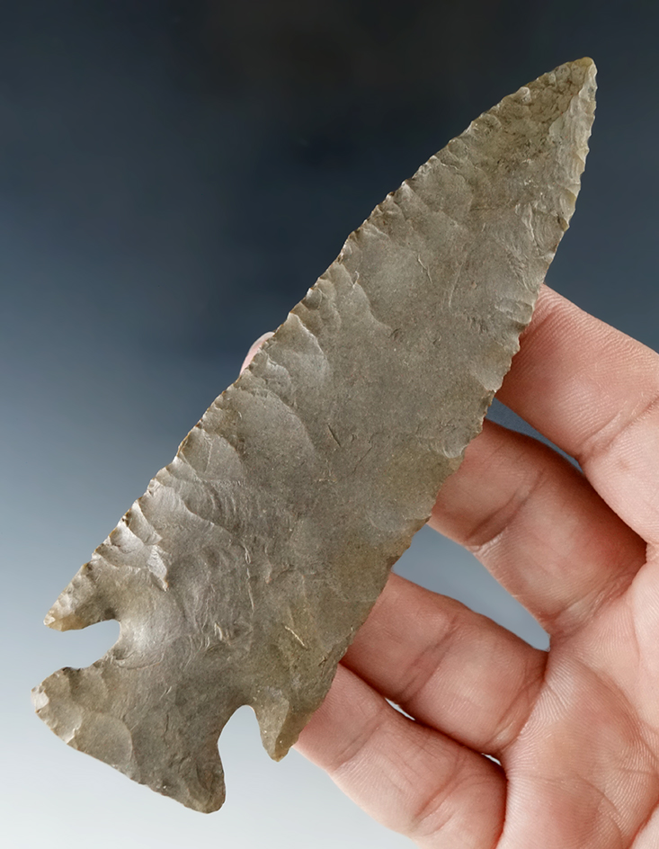 4 1/2" Cornernotch Knife found in Harrison Co., Kentucky with restoration to ears and tip.