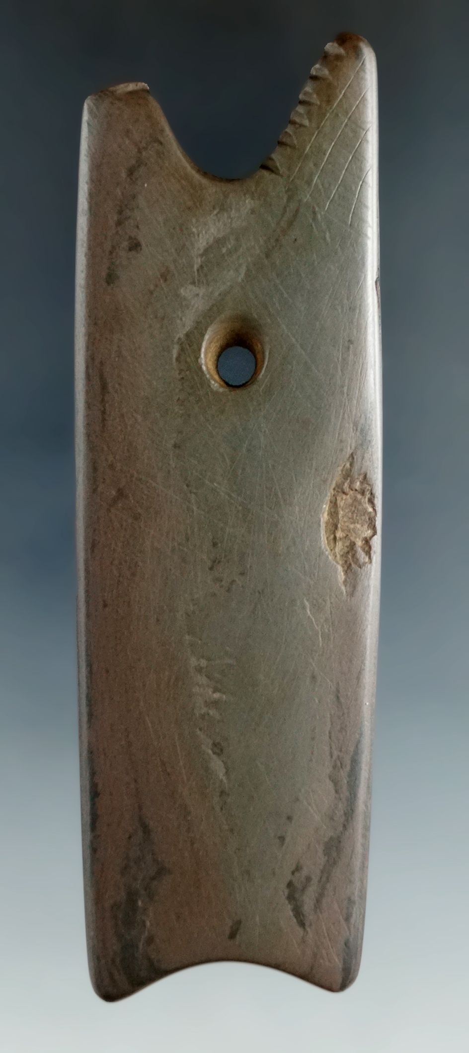 Rare 3 15/16" Hopewell Effigy Pendant w/Tallies & engravings - Hardin Co., Ohio. Bennett COA.