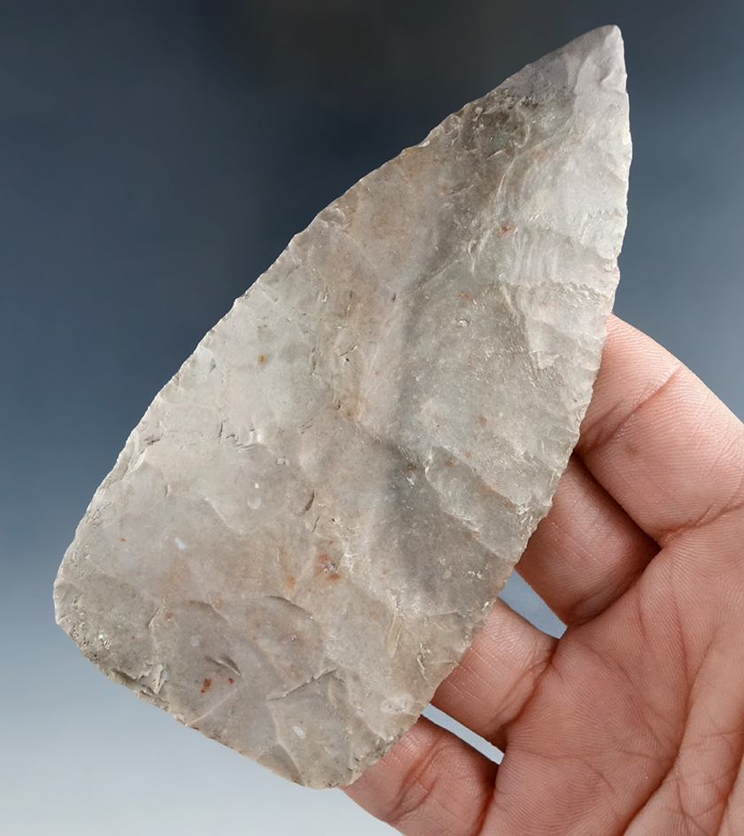 4 3/8" Edwards Plateau Flint Blade with restoration to 5/8" of tip found in Lampasas Co., TX.
