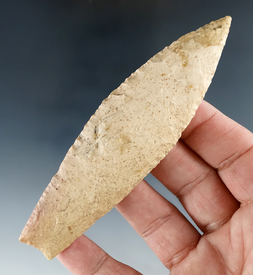 Well flaked and nicely styled 4 3/8" Agate Basin found in Greene Co., Illinois. Ex. Mauer.