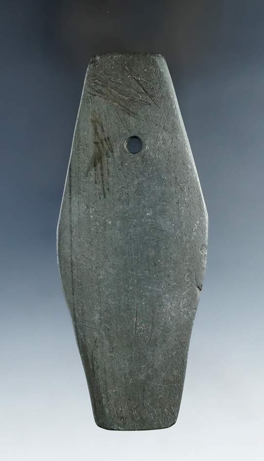 4 5/8" Hopewell Coffin Pendant made from green and black Banded slate, found in Ohio.