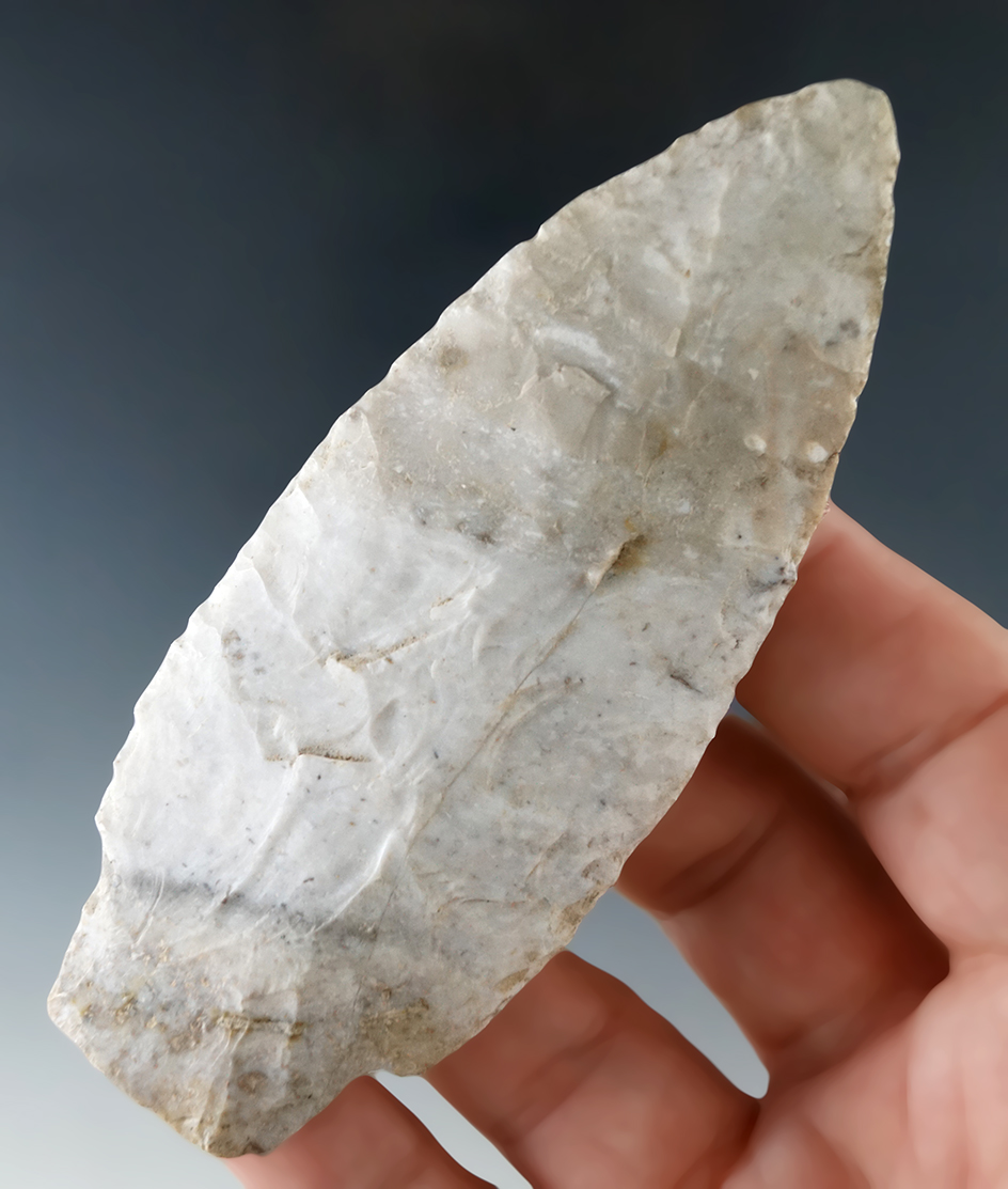 3 13/16" Adena with an anciently snapped lower base found in Taswell Co., Illinois.