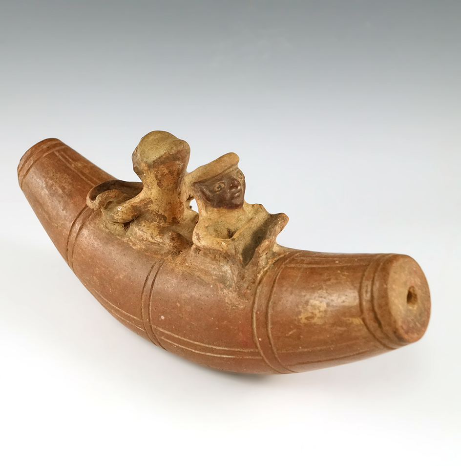 9 1/2" Long by 4" Wide Terra Cotta Moche Boat Bottle recoverd in Northern Peru. Bennett COA.