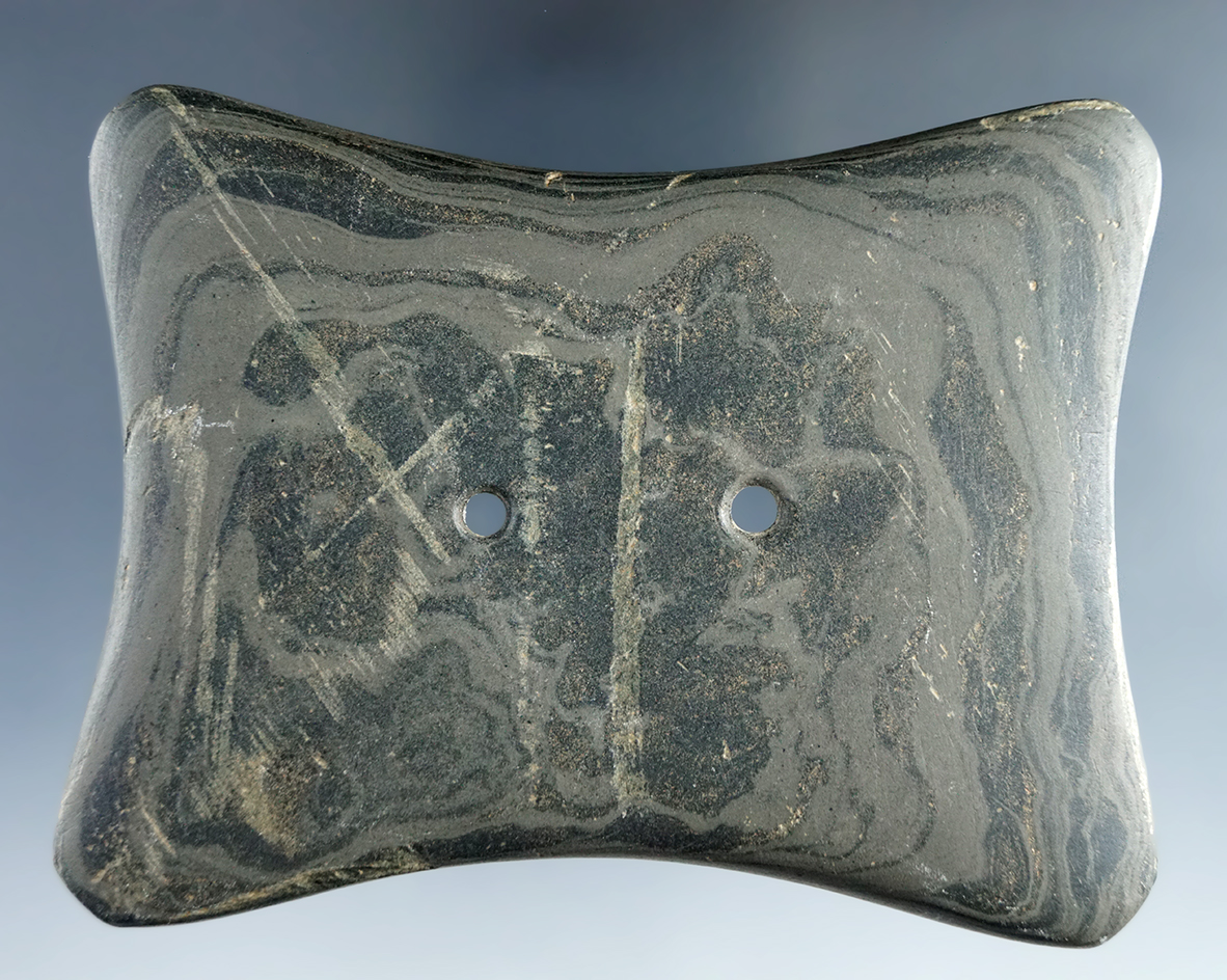 3 7/8" Adena Quadriconcave Gorget found in Ross Co., Ohio. Pictured in Who's Who #8.