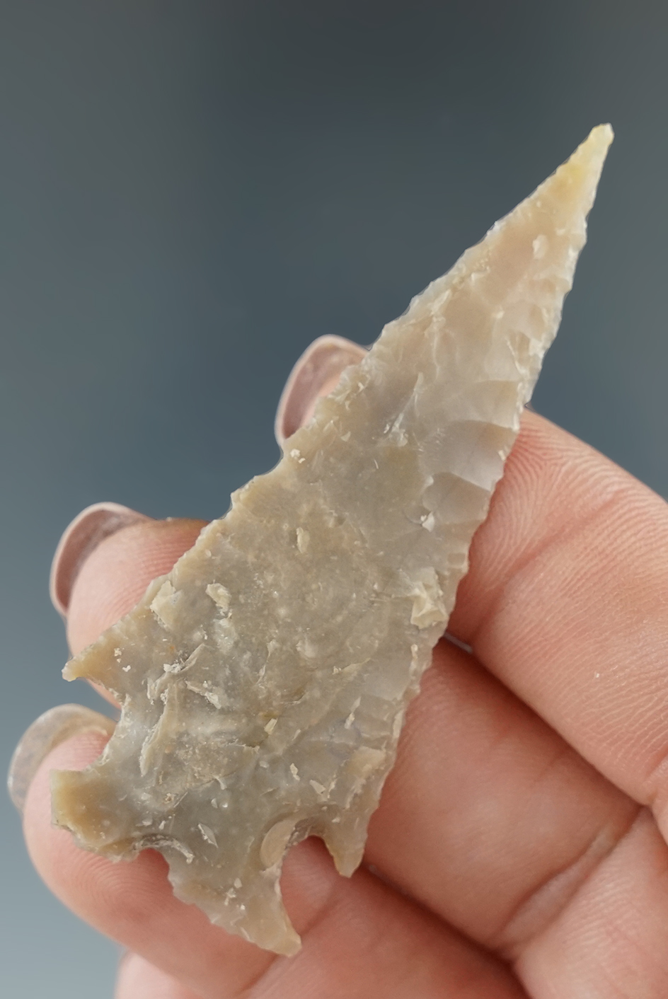 Excellent flaking and style on this 2 7/16" Ensor Split Base found in Texas.