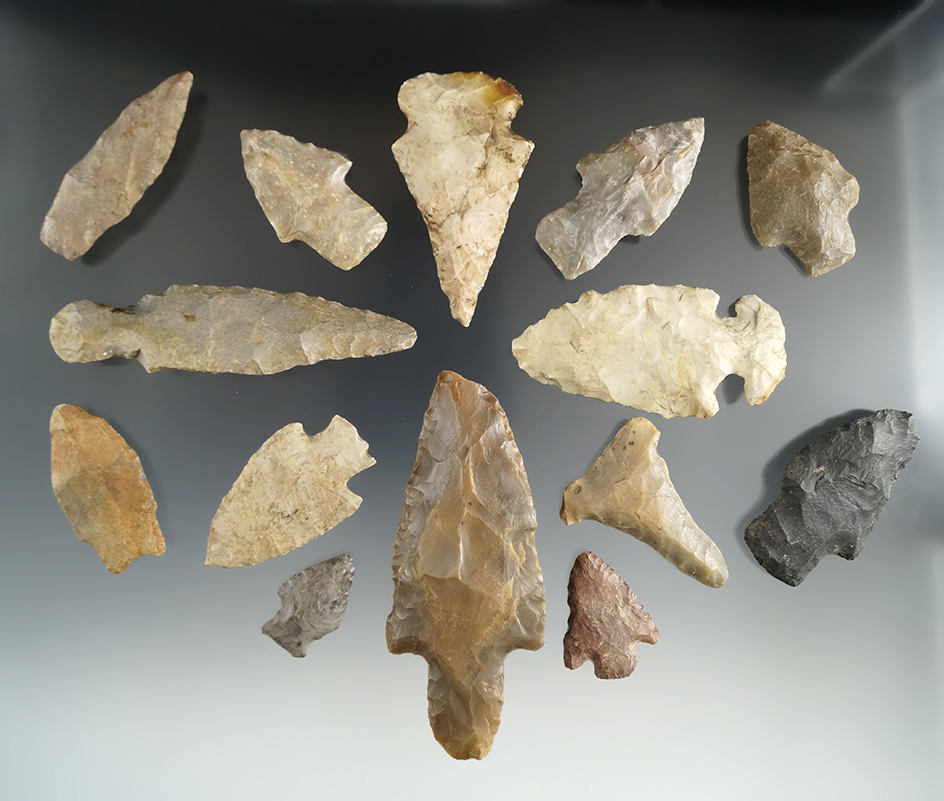 Group of 15 Assorted Estill Co., Kentucky Arrowheads, largest is 3 1/2".