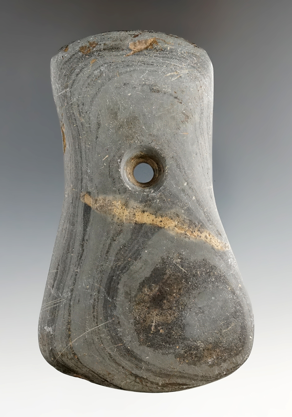 4 1/4" Adena Keyhole Pendant - Lorain Co., Ohio. Ex. Jim Plum, Jerre Wall. Jackson COA.