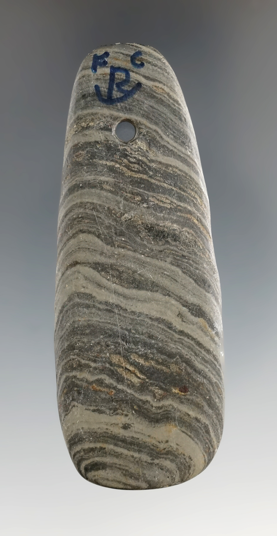 Thin and nicely made 3 3/16" Hopewell Trapezoidal Pendant found in Seneca Co., Ohio.