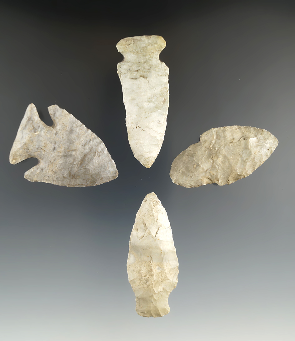 Set of 4 Assorted Arrowheads made from Attica "Indiana Green" Chert, largest is 2 3/8".