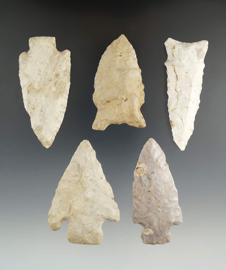 Set of 5 Assorted Arrowheads found in the Illinois/Missouri area, largest is 2 3/4".