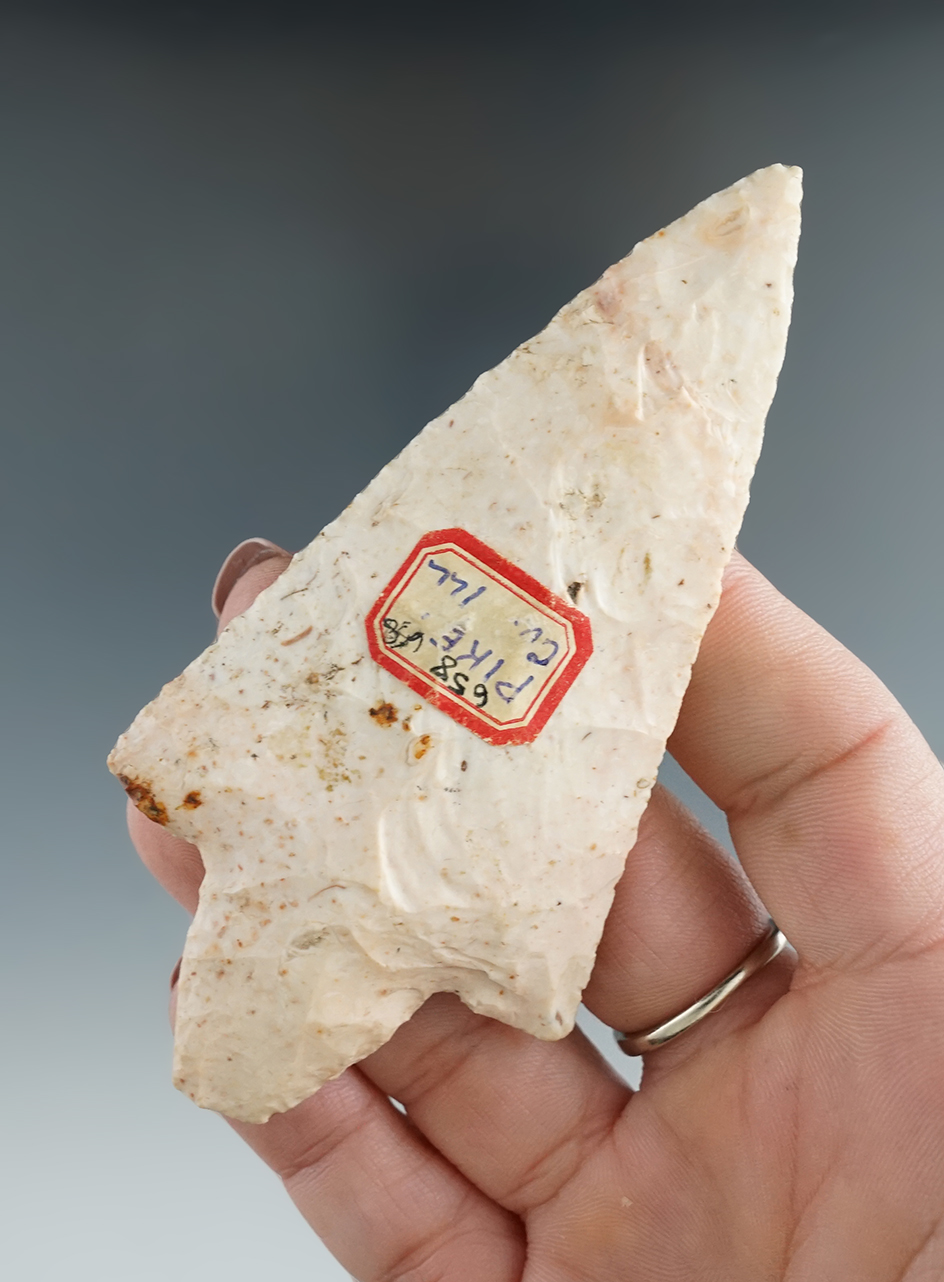 Nice! 3 15/16" Dixon made from beautiful pink and cream Burlington chert - Pike Co., Illinois.