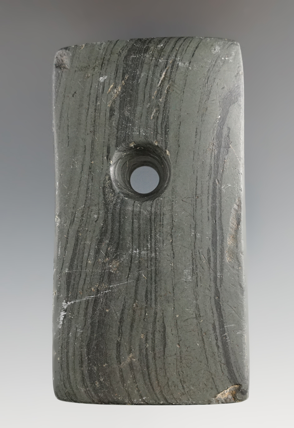 3 5/16" Rectangular Adena Pendant found in Ohio. Ex. Lyle Meeker, Tom Cray.