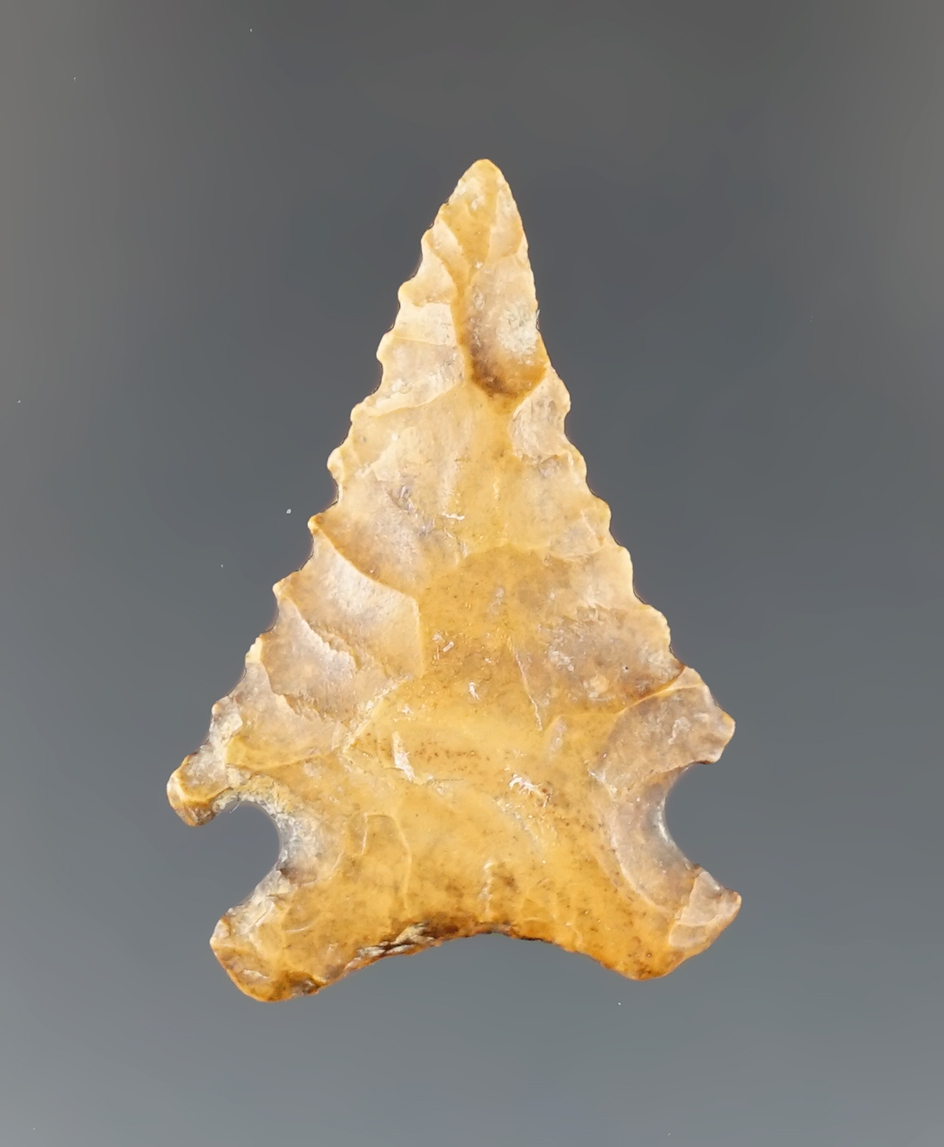 1 7/16" nicely serrated point made from attractive banded flint found in Illinois.