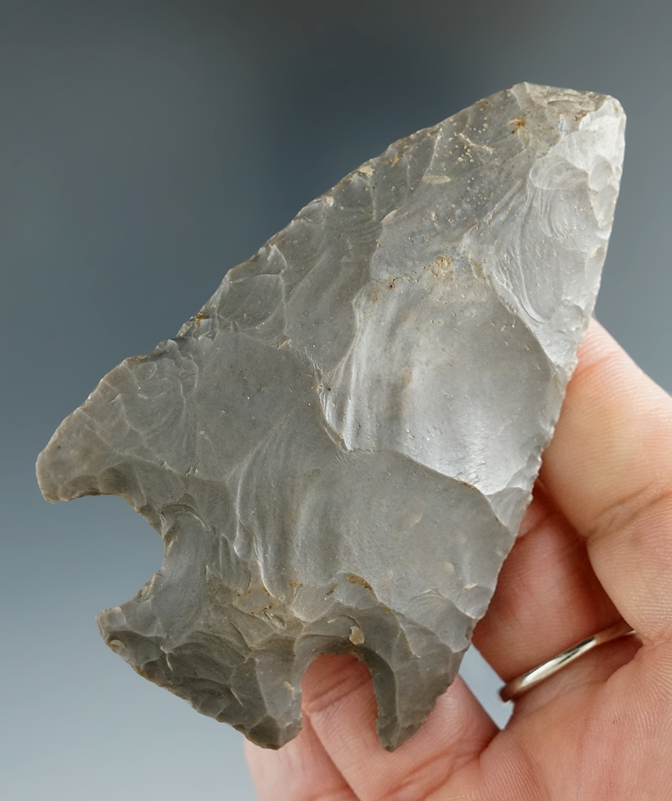 3 3/8" Hornstone Hopewell Knife with ancient damage to tip found in Indiana.