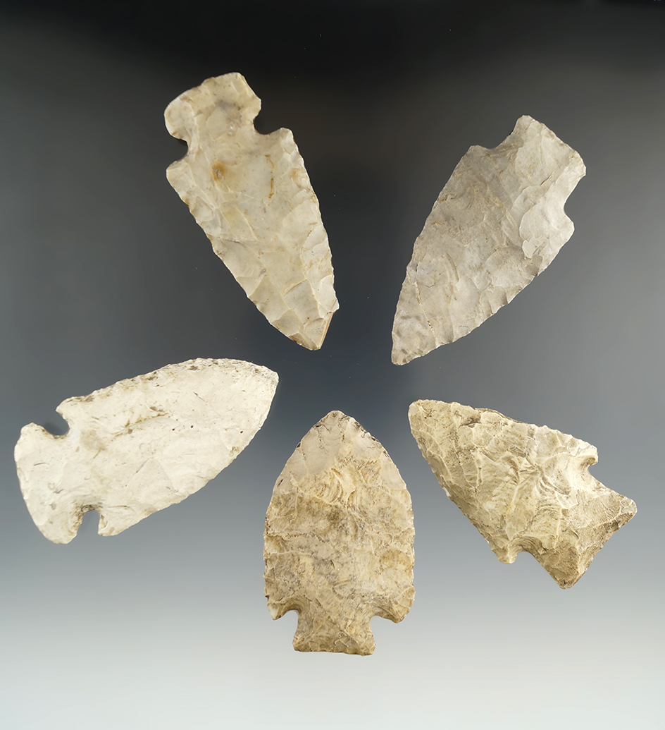 Set of 5 Assorted Arrowheads found in the Illinois/Missouri area, largest is 2 15/16".